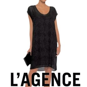 L’AGENCE | Sheer Black Sleeveless Knee Length Argyle Beaded Sheath Slip Dress